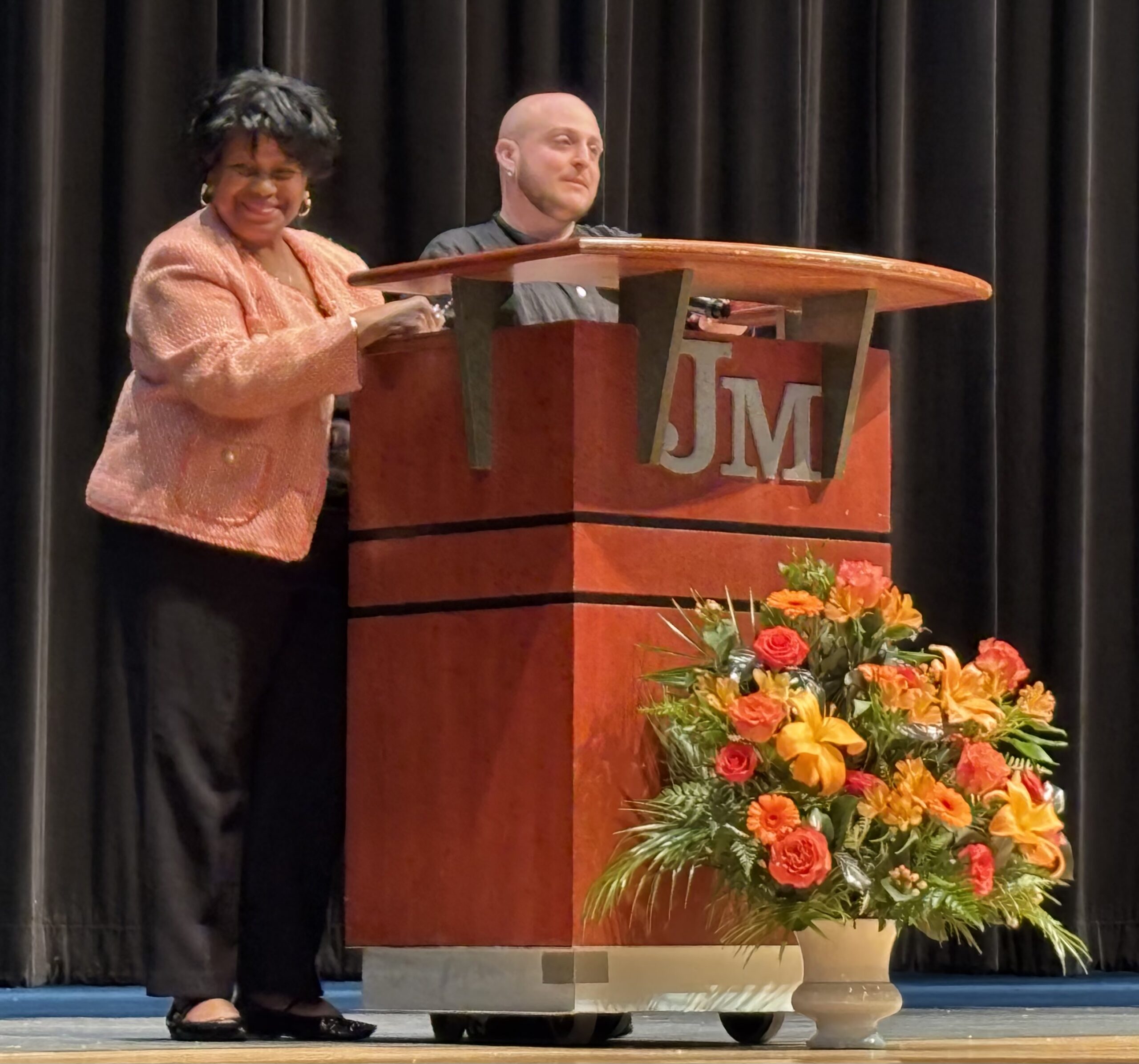 Dr. Marci Catlett (Superintendent FCPS) and Owen Cobey (Ceili's classmate & friend, and JM Class of 2012) co-presented the 10th recipient of the Ceili Leahy Service Scholarship at JM's Senior Honors Assembly on May 13, 2025.